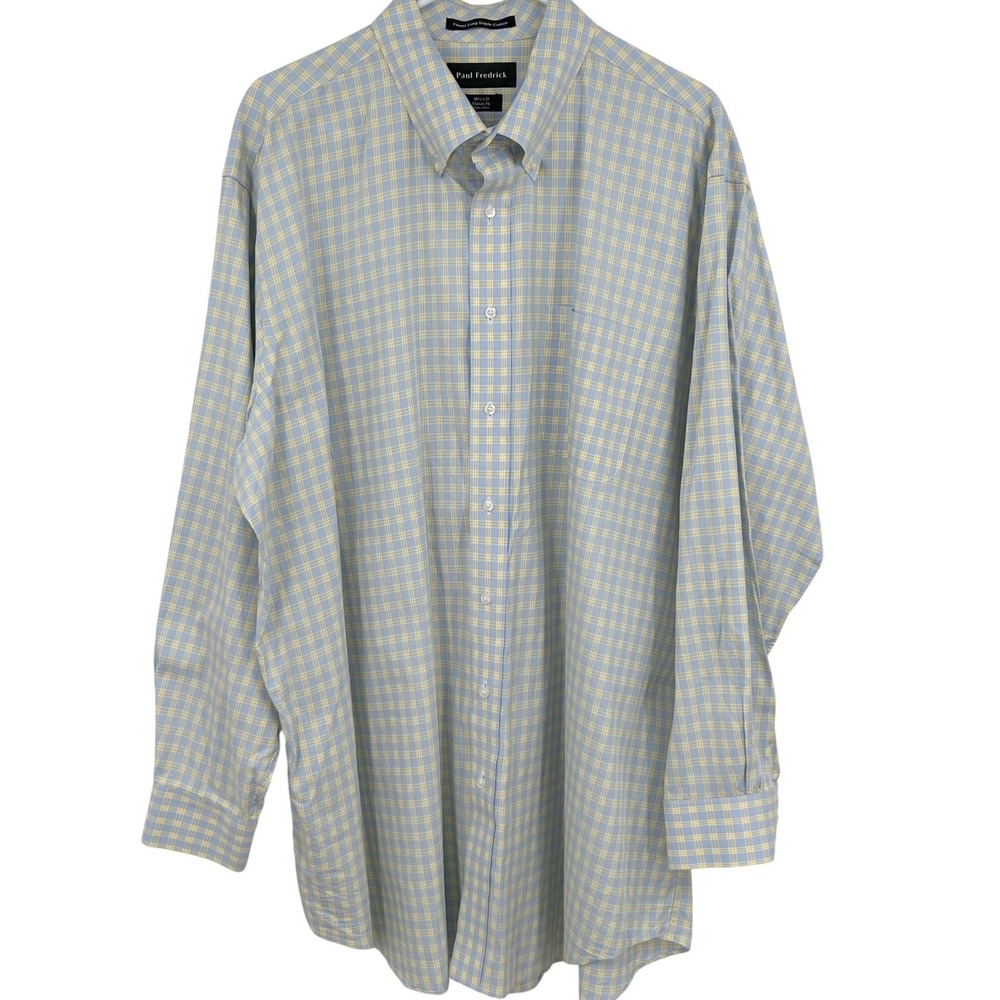 Paul Fredrick Button Down Shirt Mens 18.5 x 35 Blue Yellow Plaid Preppy Classic